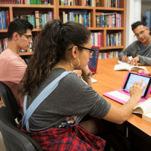 College students studying at library